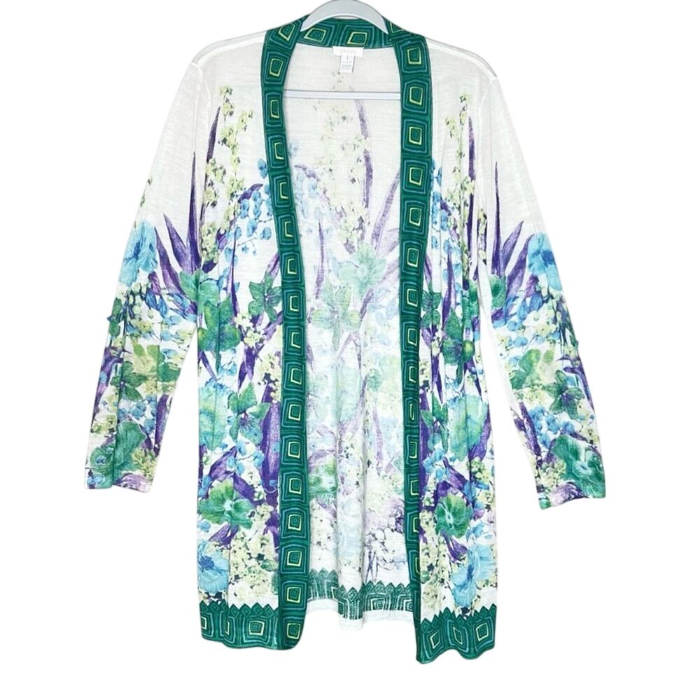 Chico's Long Cardigan M 8 Brooke Botanical Border Floral Lightweight Open Front - Picture 2 of 8